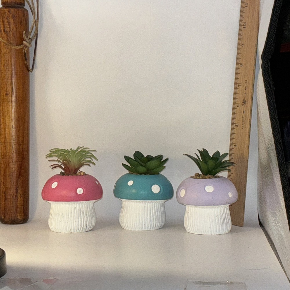 Set Of 3 Resin Mushrooms With Plastic Air Plants 4" X 3"